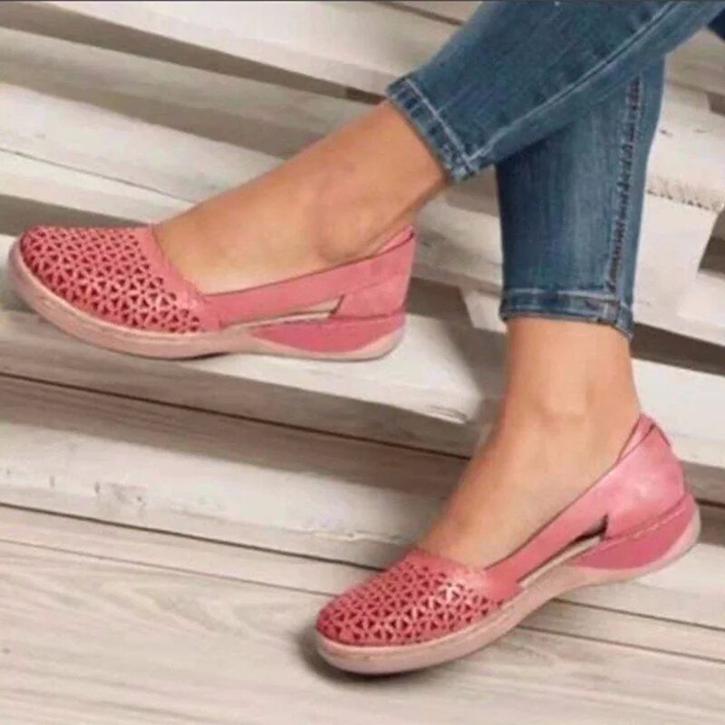 Ddbos Vintage Hollow Out Wedges Casual Shoes Women Summer Pu Leather Loafers Shoes Woman Plus Size 43 Lightweight Slip-On Flats