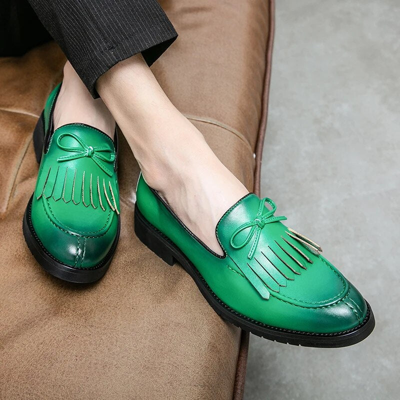 Ddbos Loafers Men Green Purple Black Fringe Pu Dress Shoes Men Breathable Slip on Party Casual Shoes for Men