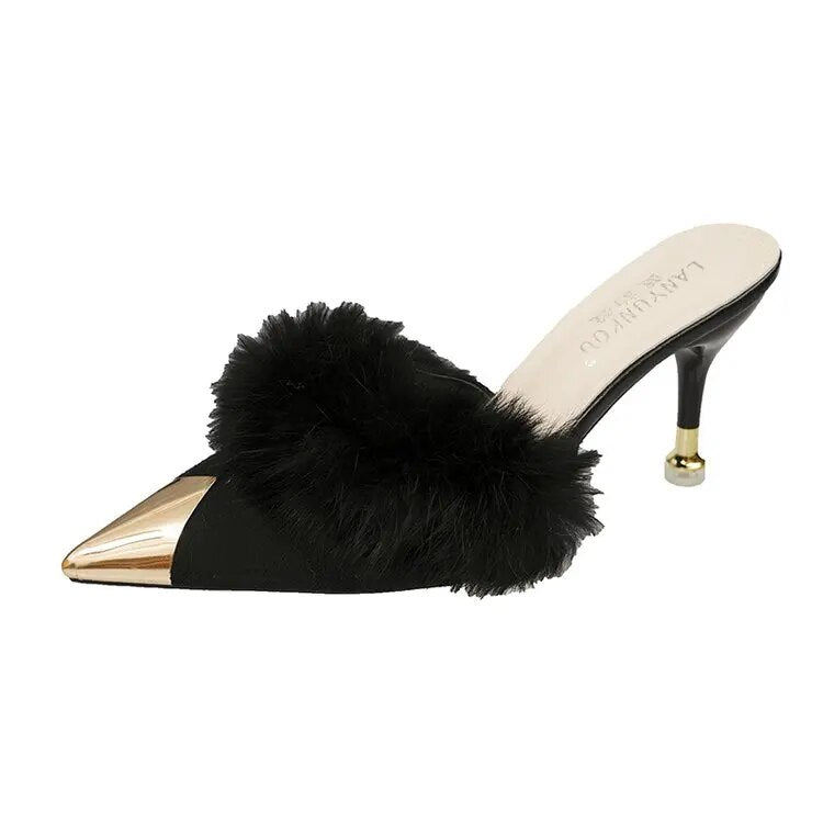 Ddbos Summer Women Pump Feather Heels Fashion Simple Wind Mule Slippers Women's Slide Stiletto Heels Shoes for Women Heels