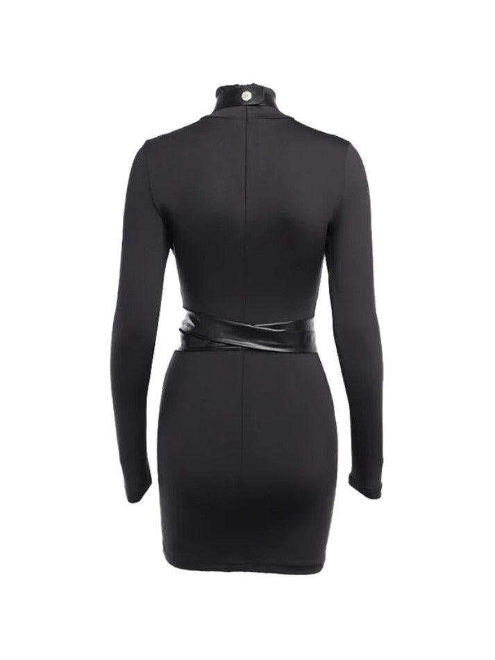 Ddbos - Leather Splice Long Sleeve Bodycon Mini Dress