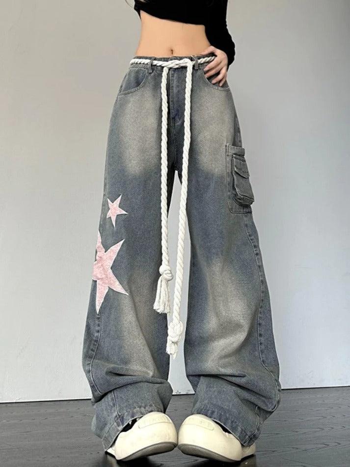 Ddbos - Vintage Star Patch Print Boyfriend Jeans