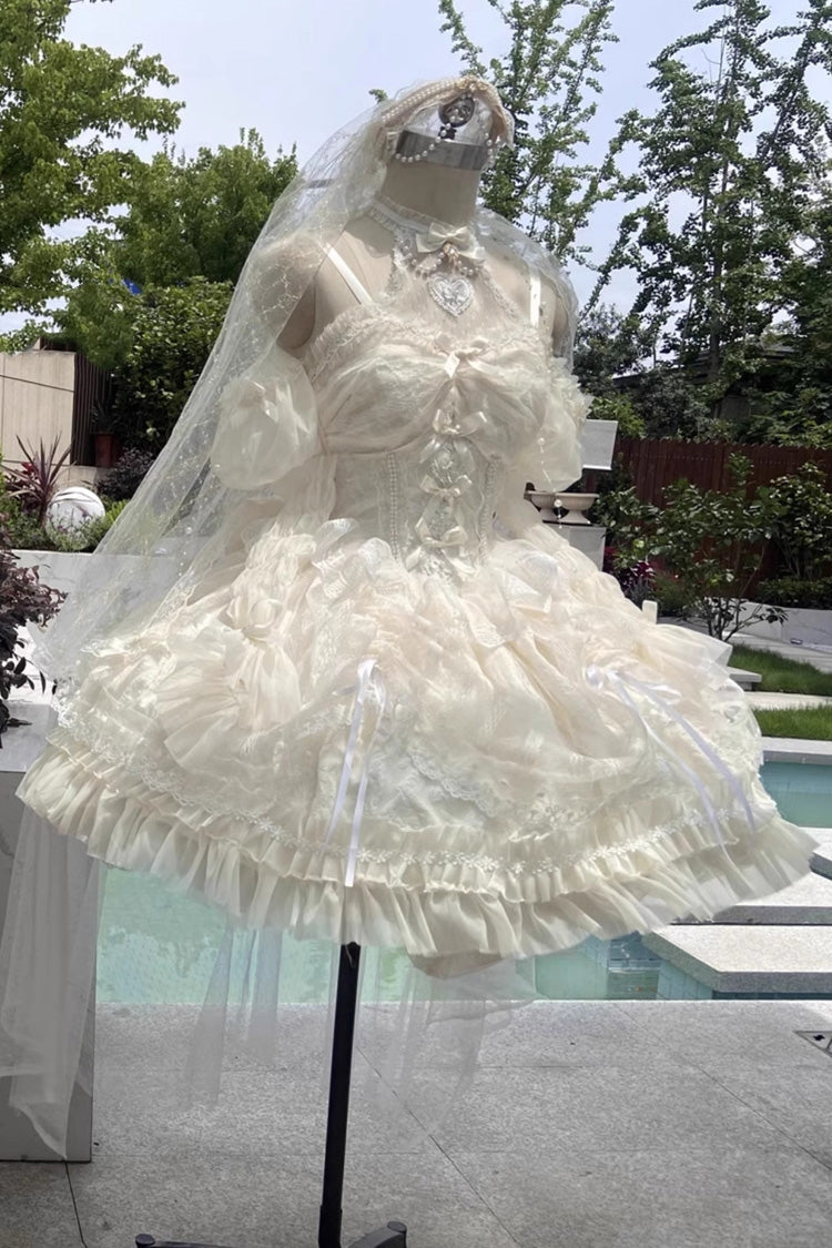 Ddbos - Ivory Ballet Dream Halterneck Ruffle Bowknot Lace Mesh Sweet Lolita Dress