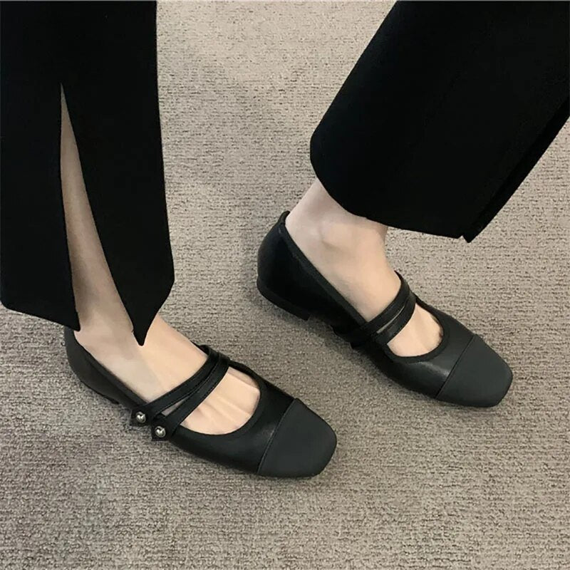 Ddbos New Women's Flats Patchwork Double Buckle Mary Janes Shoes Black Toe Leather Shoes For Female Spring Autumn Zapatos Mujer