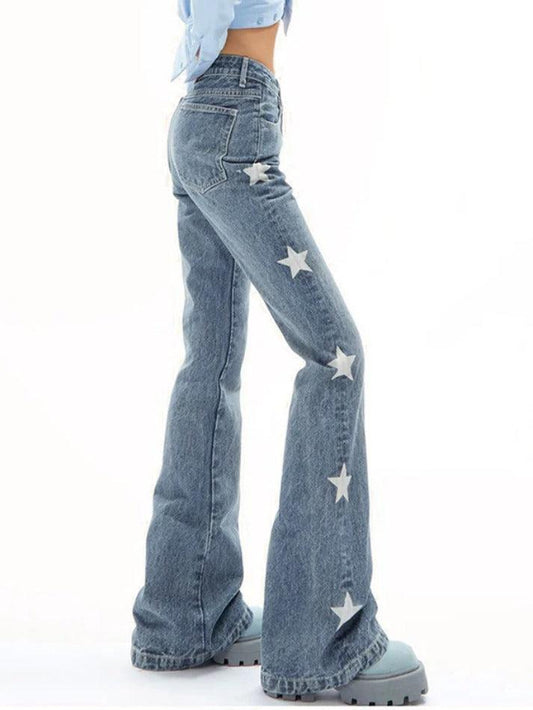 Ddbos - Vintage Star Print High Rise Flare Jeans