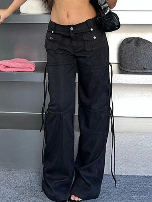 Ddbos - Low Waist Pocket Ribbon Splice Cargo Pants