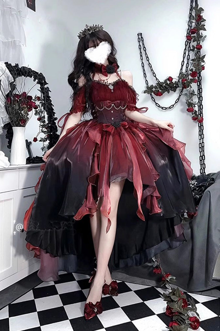 Ddbos Red/Black Bowknot Irregular Gothic Princess Lolita Jsk Dress