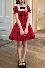 Ddbos - Wine Red Annie's Gift Short Sleeves Bowknot Short Version Sweet Lolita Dress (Plus Size Support)