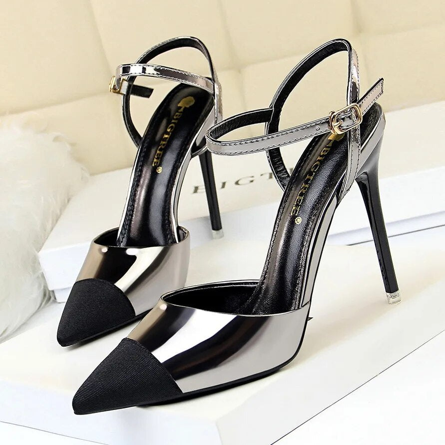 Ddbos Women 11cm High Heels Sandals Lady Metallic Gray Stripper Ankle Strap Cap Toe Sandles Wedding Fetish Nightclub Gold Office Shoes