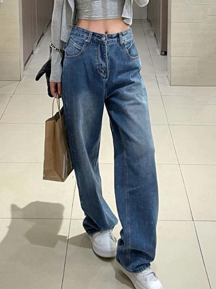 Ddbos - Washed High Waist Boyfriend Jeans