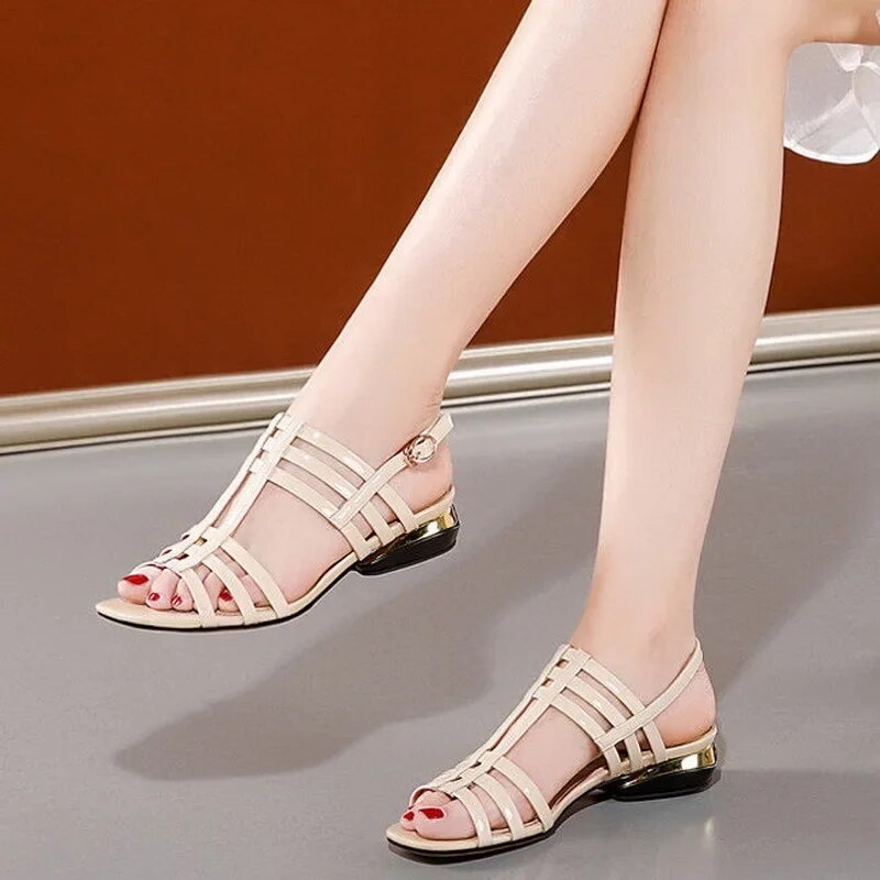 Ddbos Low Heel Sandals Women Patent Leather Hollow Out Summer Women's Shoes New Soft Sole Fashion Ladies Roman Sandal 40