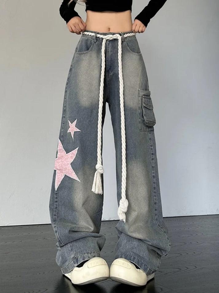 Ddbos - Vintage Star Patch Print Boyfriend Jeans