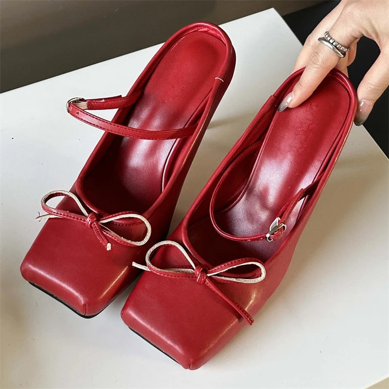 Sexy Square head Thin Heels Wedding Banquet Dress Mule Ladies Shoes 2024 Designer Bowknot Buckle Strap Pumps Women