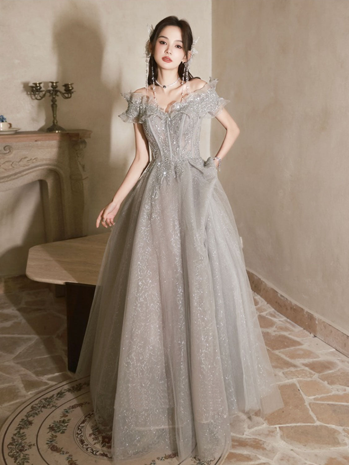 Ddbos A-Line Off Shoulder Tulle Sequin Gray Long Prom Dress, Gray Formal Dress