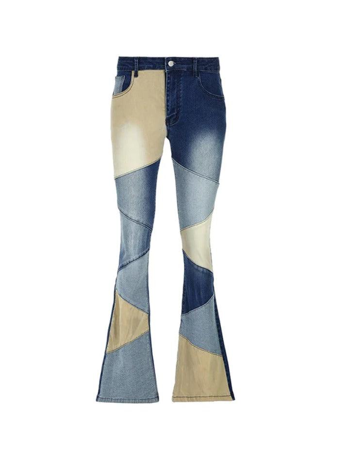 Ddbos - Mix Color Denim Irregular Splice Flare Jeans