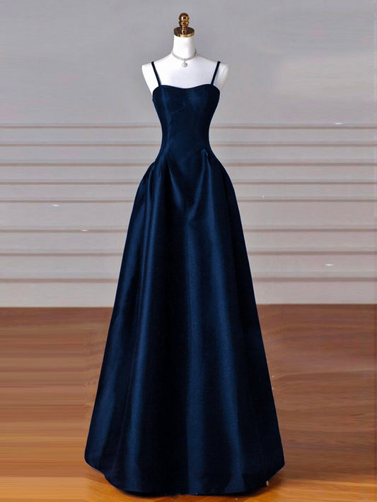 Ddbos Simple A-Line Dark Blue Satin Long Prom Dress, Dark Blue Long Formal Dress