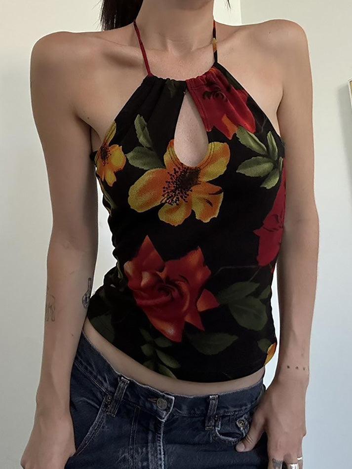 Ddbos - Halter-Neck Floral Print Cut-Out Slim-Fit Crop Cami Top