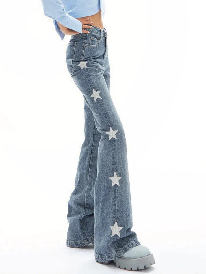 Ddbos - Vintage Star Print High Rise Flare Jeans