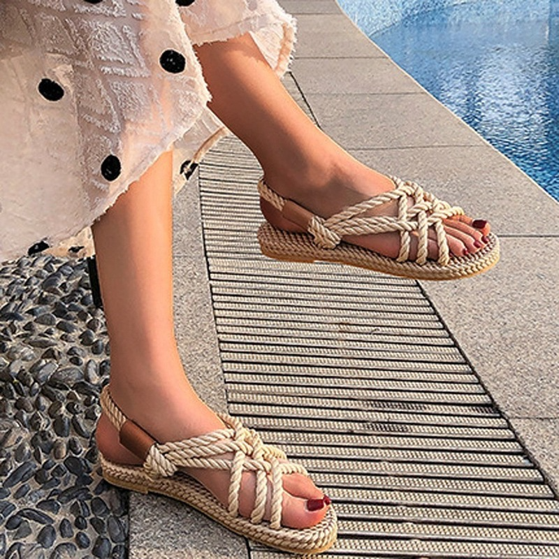 2024 Summer New Women's Roman Sandals Retro Open Toe Hand-woven Rope Non-slip Flat Shoes Casual Slip-on Outdoor Beach Shoes