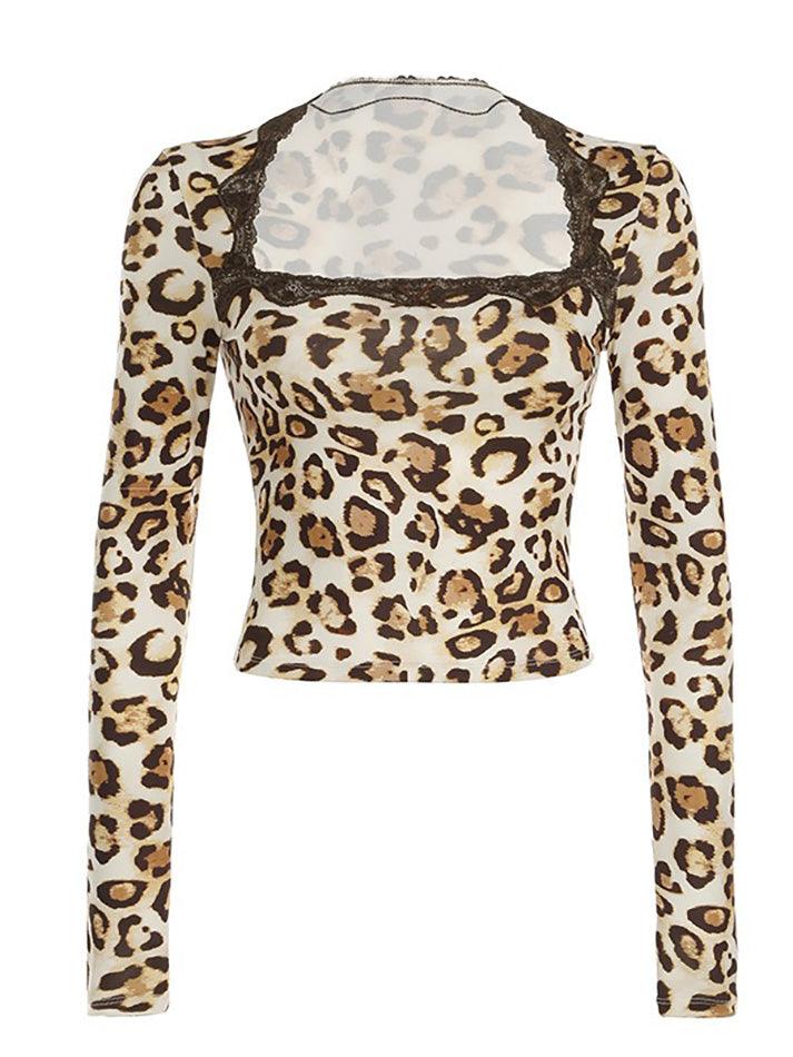 Ddbos - Leopard Print Lace Long Sleeve Top