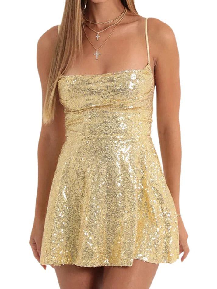 Ddbos - Sequin Backless Tie Up Mini Dress