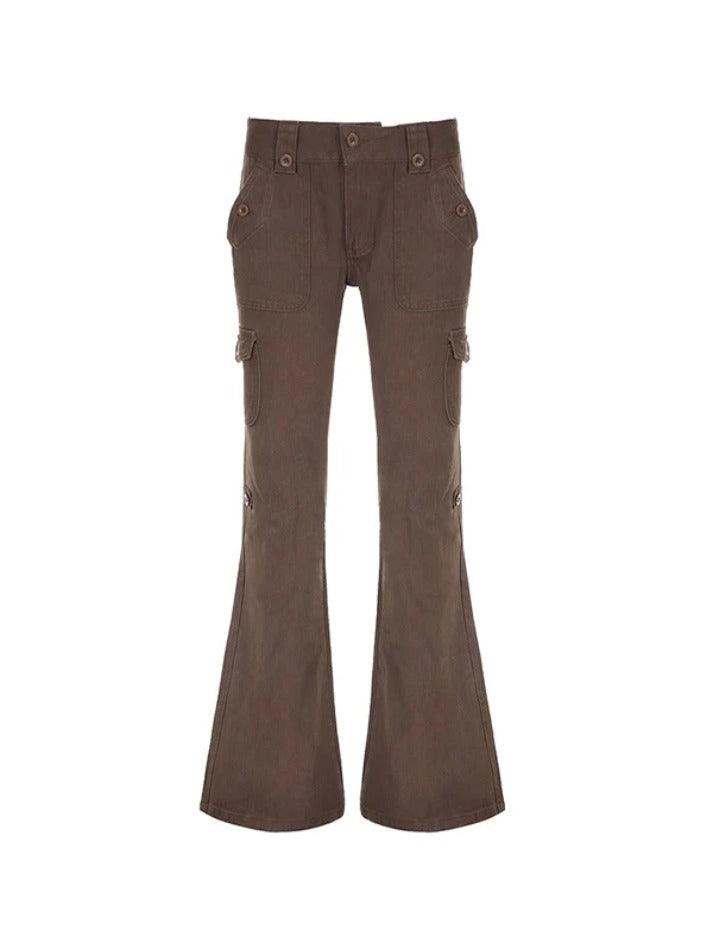 Ddbos - Vintage Brown Button Lace Up Flare Jeans