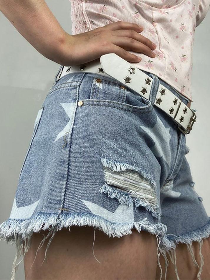 Ddbos - Random Star Print Ripped Low Rise Denim Shorts