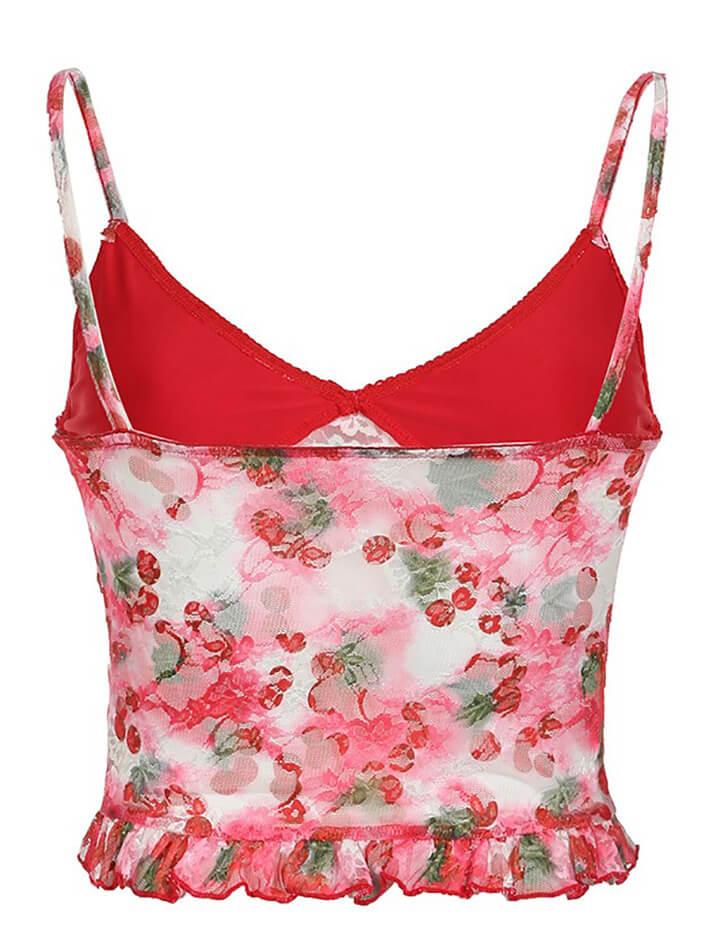 Ddbos - Floral Printed Mesh Mini Camisole Top