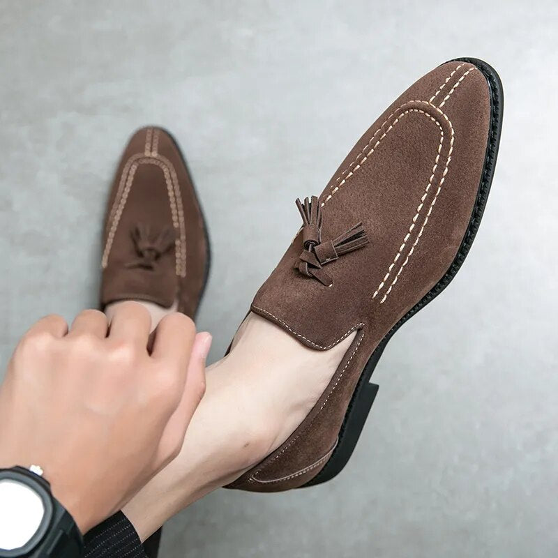 Ddbos Men's Loafers Brand Suede Leather Shoes Vintage Slip-on Classic Casual Men Driving Shoes Wedding Male Dress Shoes Tassel pointed