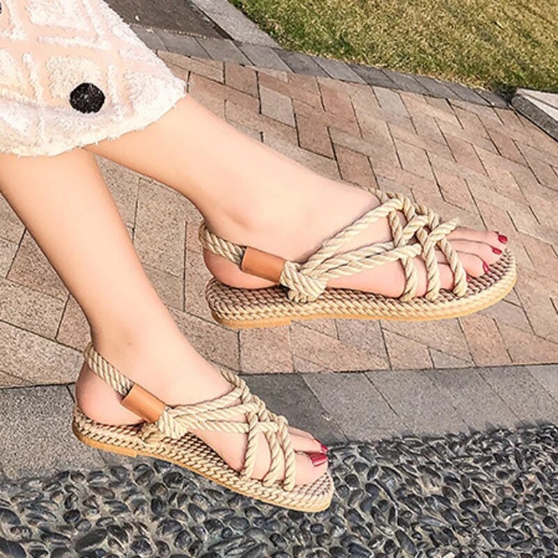 Ddbos 2024 Summer New Women's Roman Sandals Retro Open Toe Hand-woven Rope Non-slip Flat Shoes Casual Slip-on Outdoor Beach Shoes