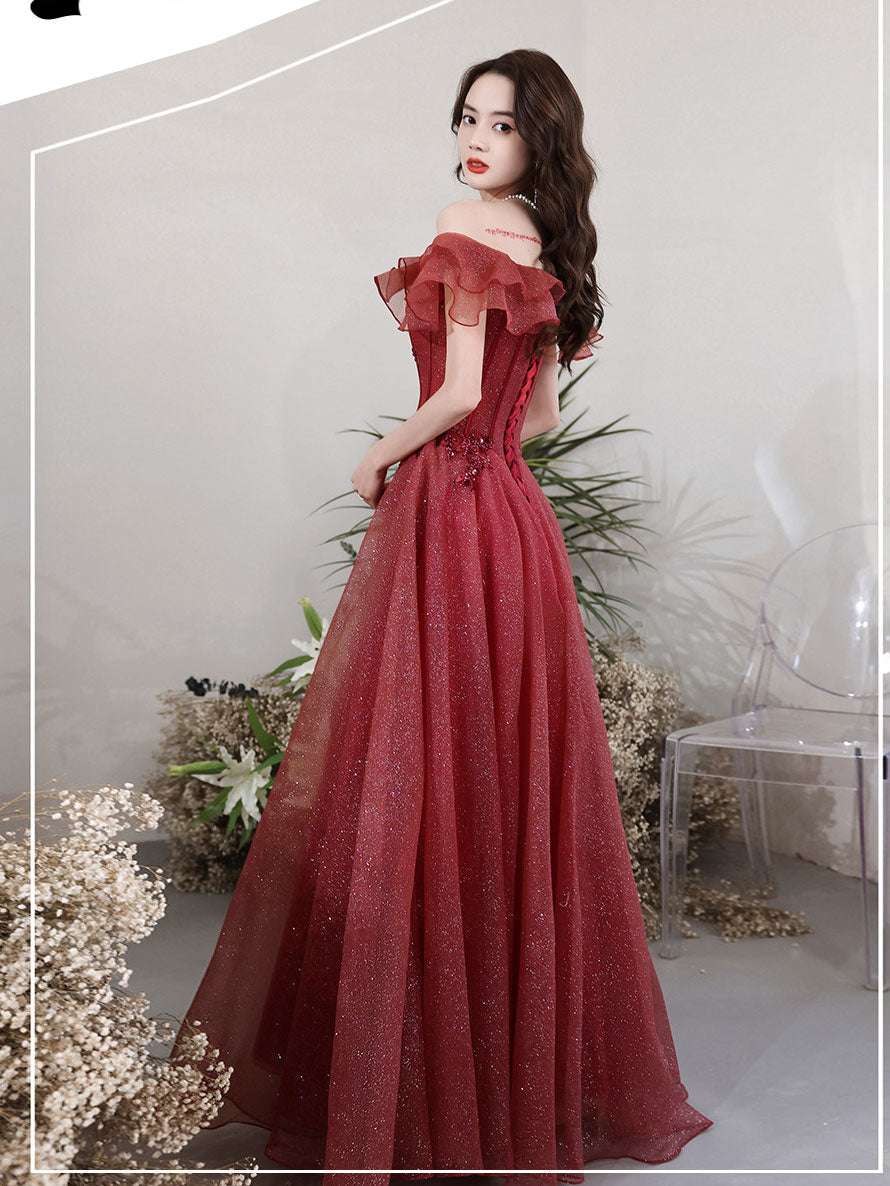 Ddbos Burgundy Tulle Off Shoulder Long Prom Dress, Burgundy Evening Dress