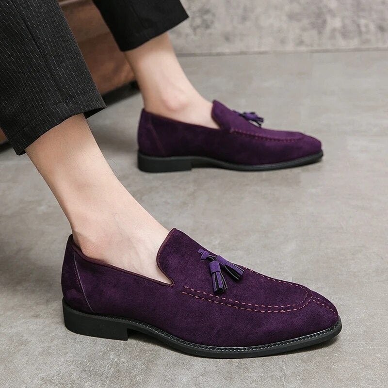 Ddbos Brand Design Men Suede Leather Shoes Moccasins Purple Tassel Pointed Men's Loafers Vintage Slip-on Casual Men Social Dress Shoe