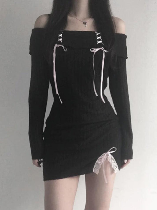 Contrast Tie Up Bow Off Shoulder Slit Knit Mini Dress