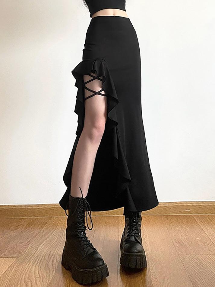 Ddbos - High Waist Irregular Split Goth Skirt