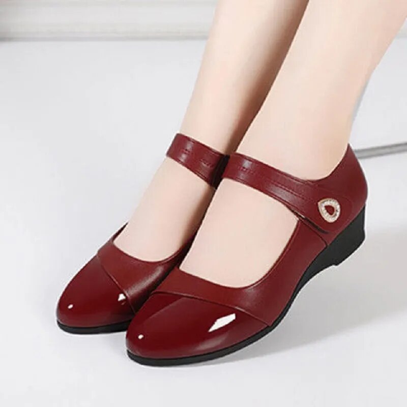 Ddbos Women Classic Wine Red Height Increased Round Toe Buckle Strap Heel Shoes Lady Fashion Comfort Summer Party Pump