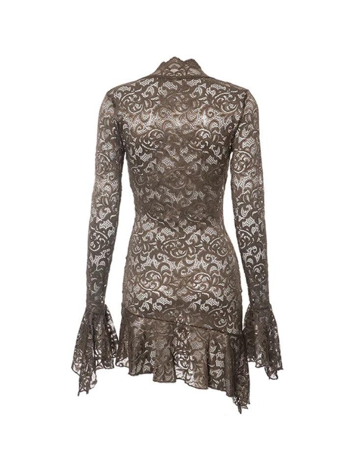 Ddbos - Lace V Neck Trumpet Sleeve Mini Dress