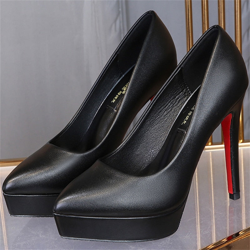 Ddbos Luxury Women Pumps Spring Autumn Slip-On Platform PU Leather 12cm Thin Heels Korean Style Casual Women Profession Shoes Black