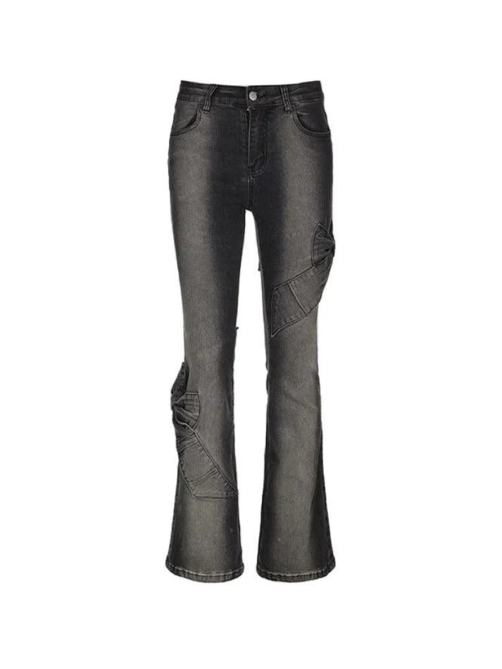 Ddbos - High Rise Ruched Bow Flare Jeans