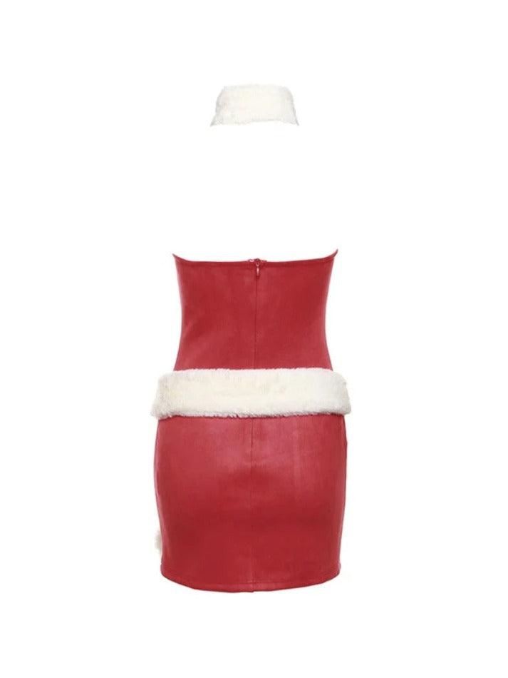 Ddbos - Solid Bandeau With Fuzzy Belted Choker Mini Dress