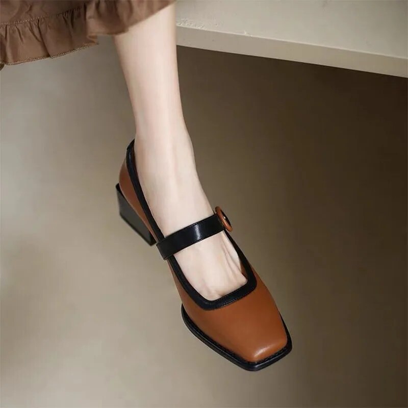 Ddbos New Women's Mary Jane Shoes Patchwork Pumps Square Toe Dress Shoes Mid Heels Elegant Ladies Shoes Round Buckle Designer