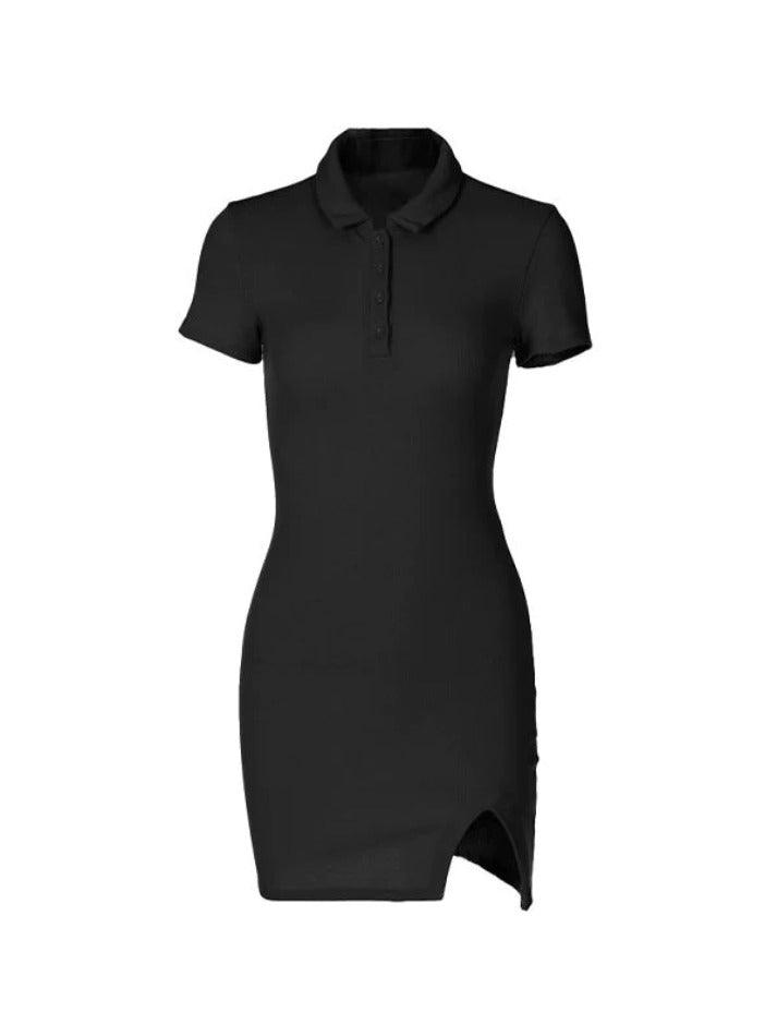 Ddbos - Ribbed Short Sleeve Slit Mini Dress