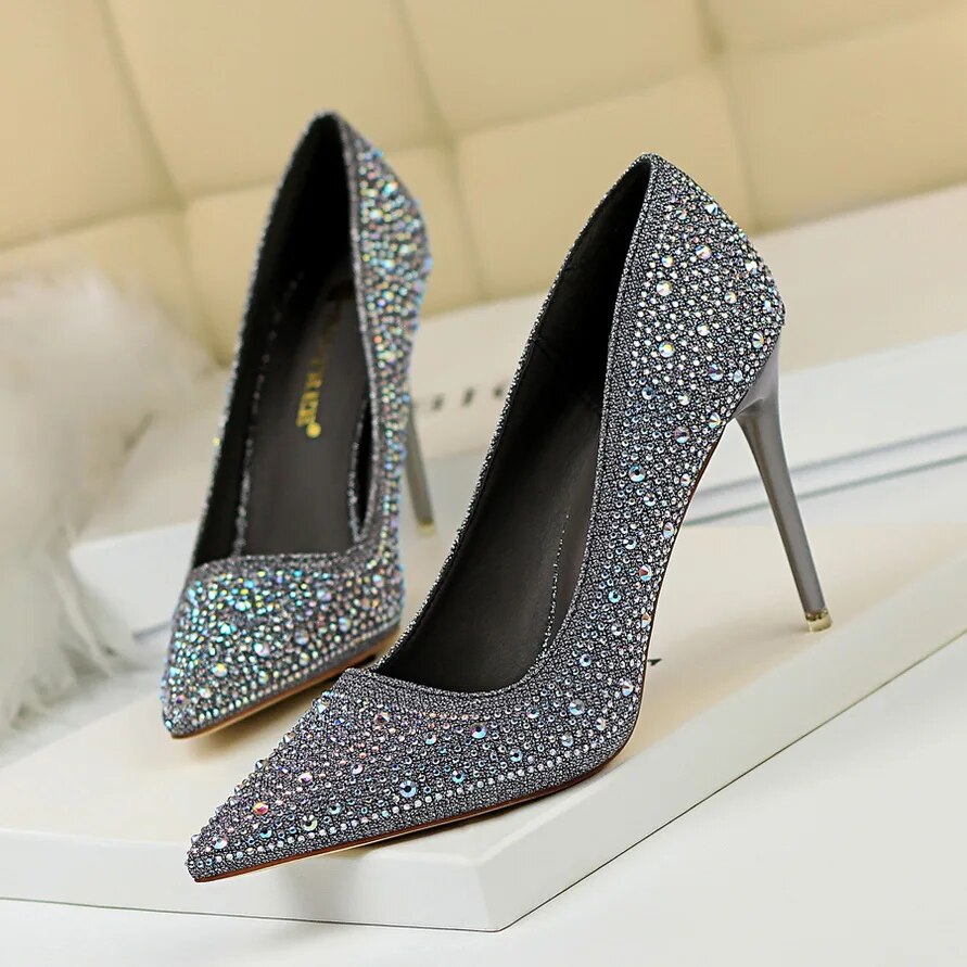 Ddbos Women 10cm High Heels Stripper Bling Scarpins Pumps Lady Stiletto Wedding Bridal Party Fetish Crystal Rhinestone Gold Prom Shoes