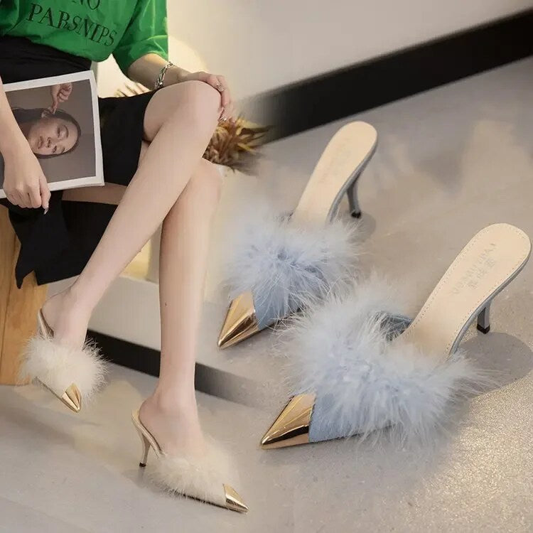 Ddbos Summer Women Pump Feather Heels Fashion Simple Wind Mule Slippers Women's Slide Stiletto Heels Shoes for Women Heels