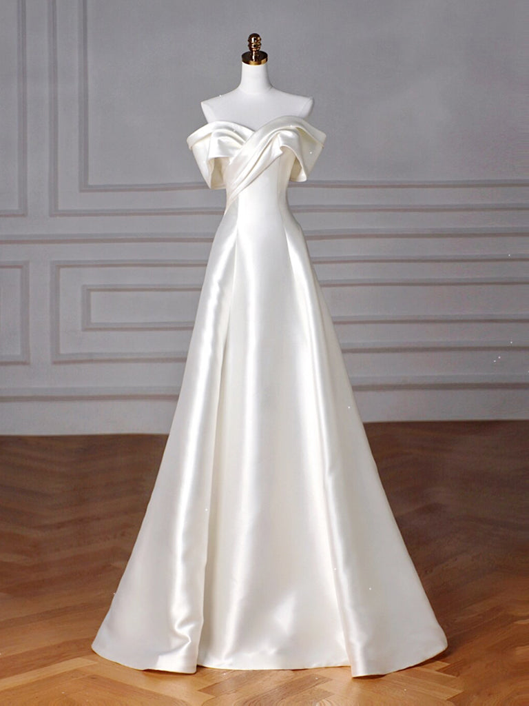 Ddbos A-Line Off Shoulder Satin Beige Long Prom Dress, Beige Long Formal Dress