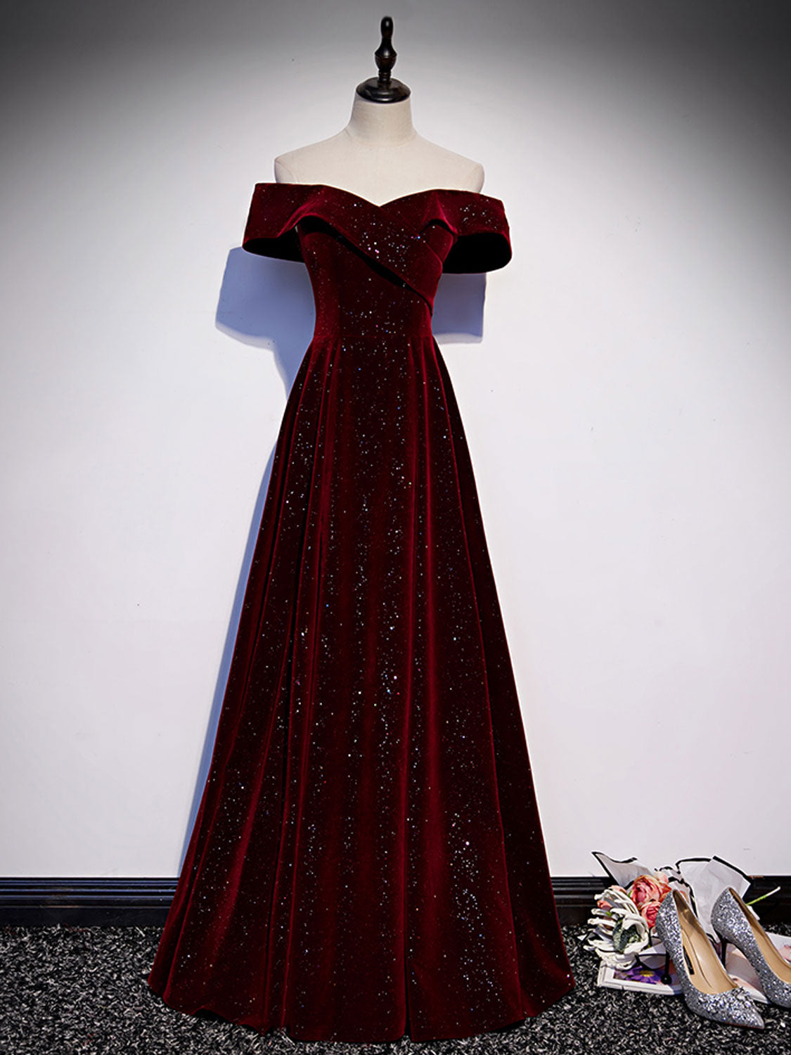 Ddbos A-Line Off Shoulder Velvet Burgundy Long Prom Dress, Burgundy Long Formal Dress