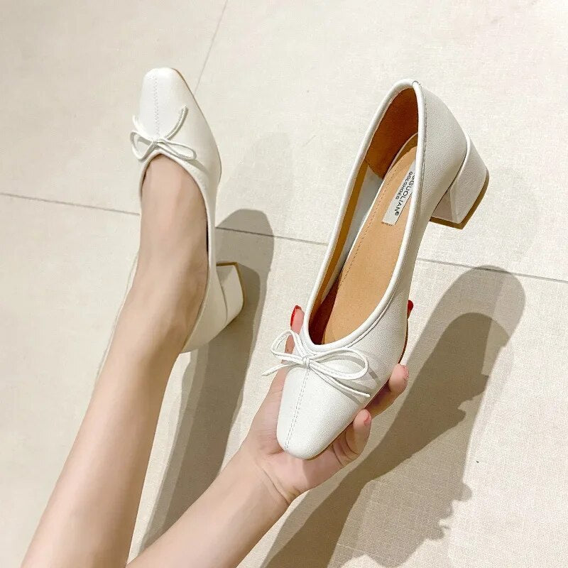 Ddbos Bow Ballet High Heels Shoes Woman Basic Pumps Fashion  Round Bow Work Shoe Fashion Party Women Shoes Pump zapatos de mujer