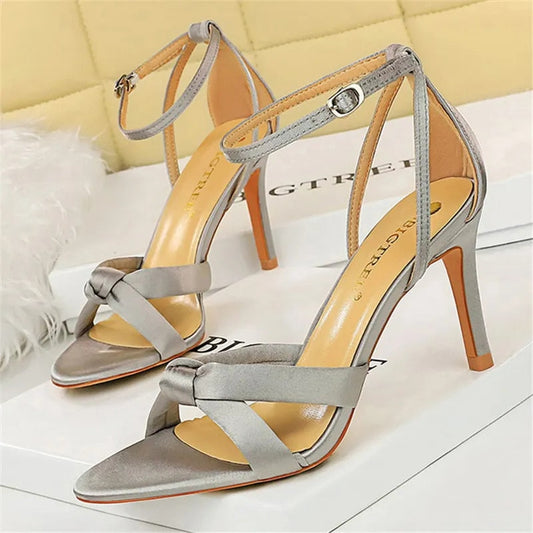 Summer Women 8.5cm 11cm High Heels Sandals Nightclub Stripper Heels Sexy Silk Satin Sandles Party Ankle Strap Open Toe Shoes