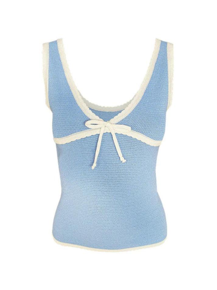 Ddbos - Contrast Color Stitching V Neck Bow Tank Top