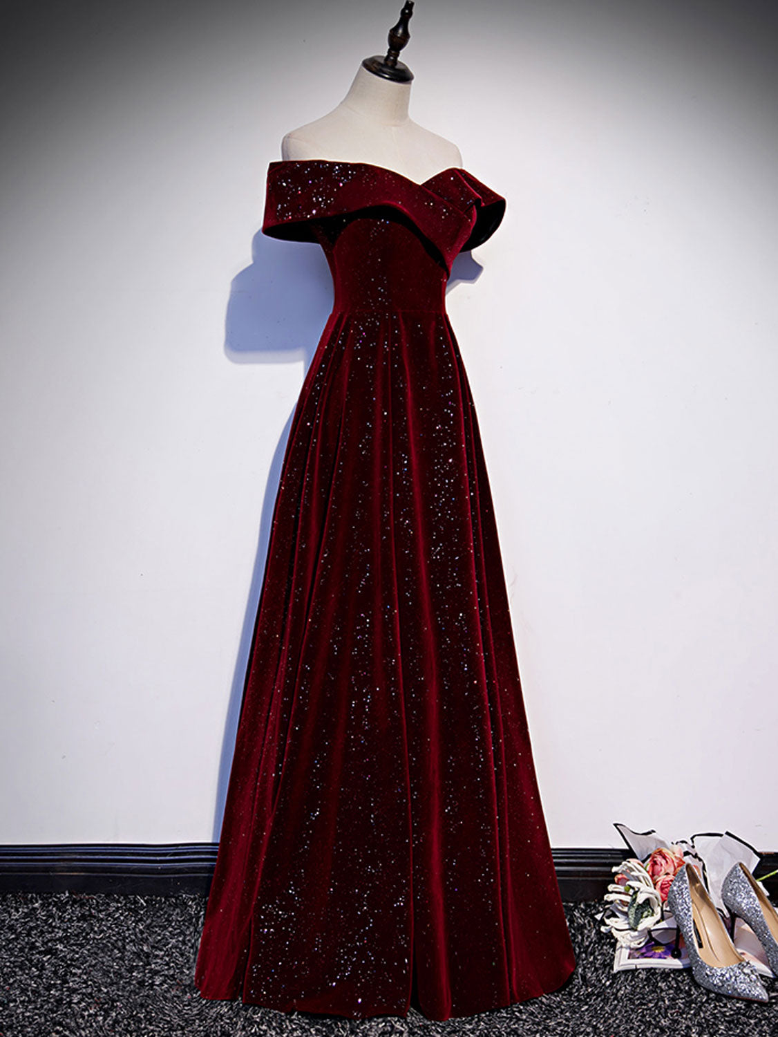 Ddbos A-Line Off Shoulder Velvet Burgundy Long Prom Dress, Burgundy Long Formal Dress