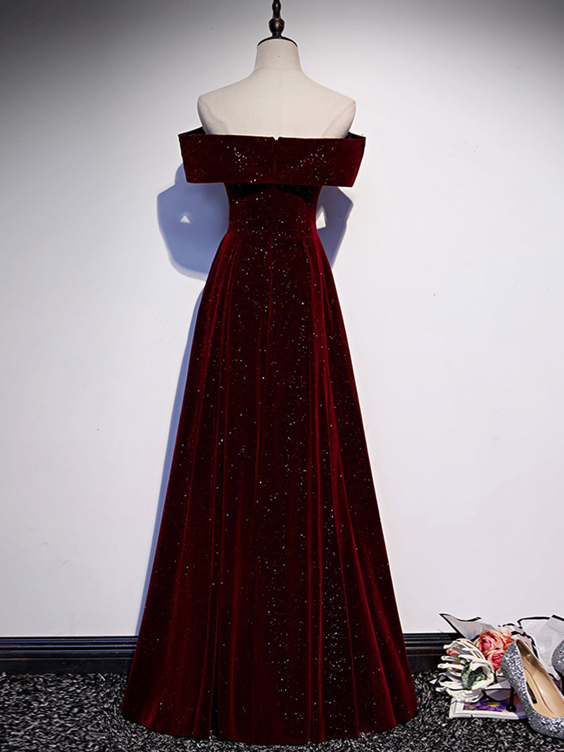 Ddbos A-Line Off Shoulder Velvet Burgundy Long Prom Dress, Burgundy Long Formal Dress