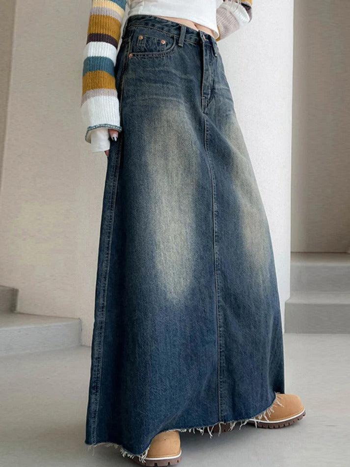 Ddbos - Vintage Washed Denim Maxi Skirt